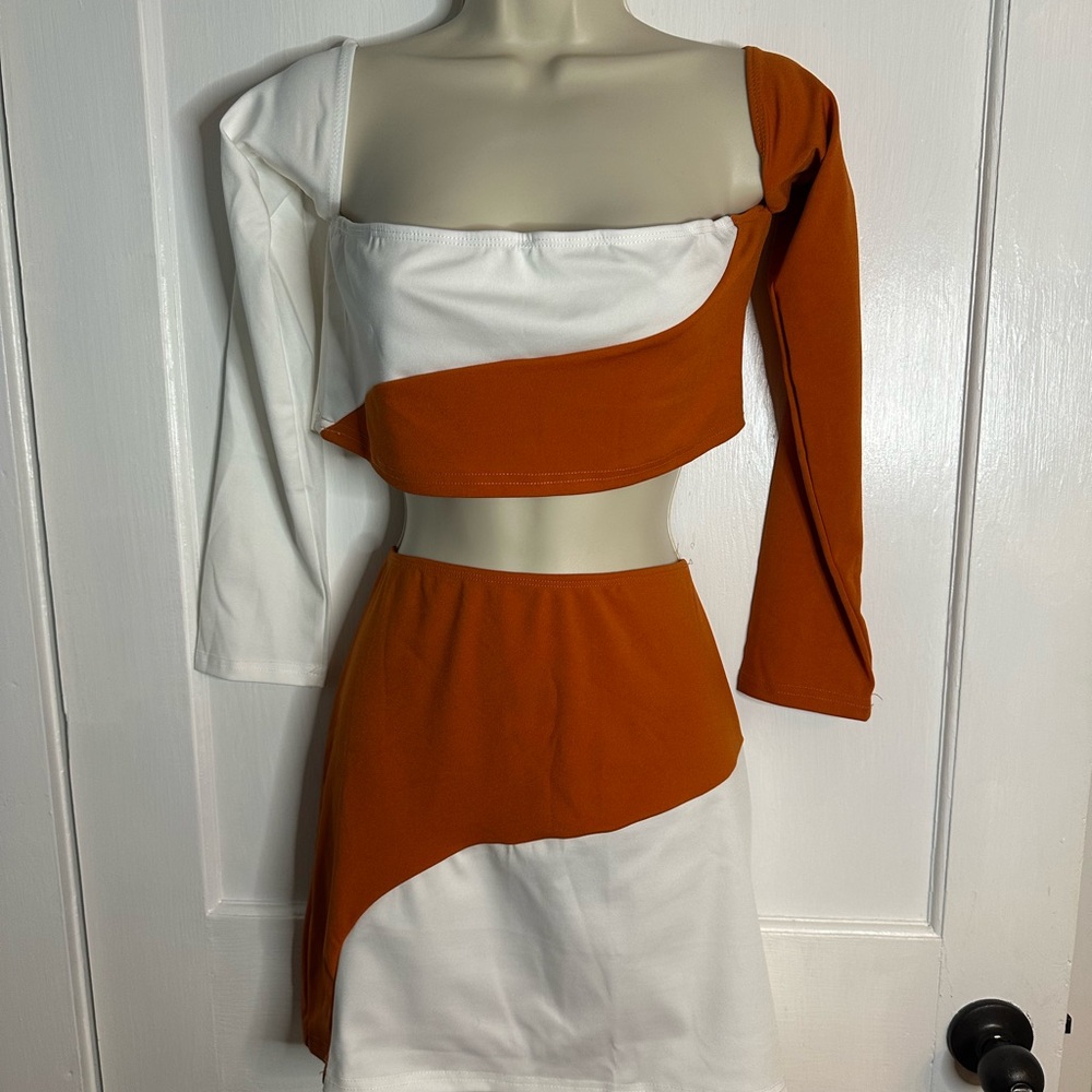 SHEIN Two-Tone Orange and White Asymmetrical 2 piece set